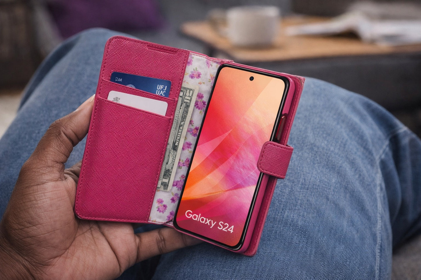 ELECOM Ultra Slim Flowers Soft Leather Case for Galaxy S24 – Deep Pink Wallet Case
