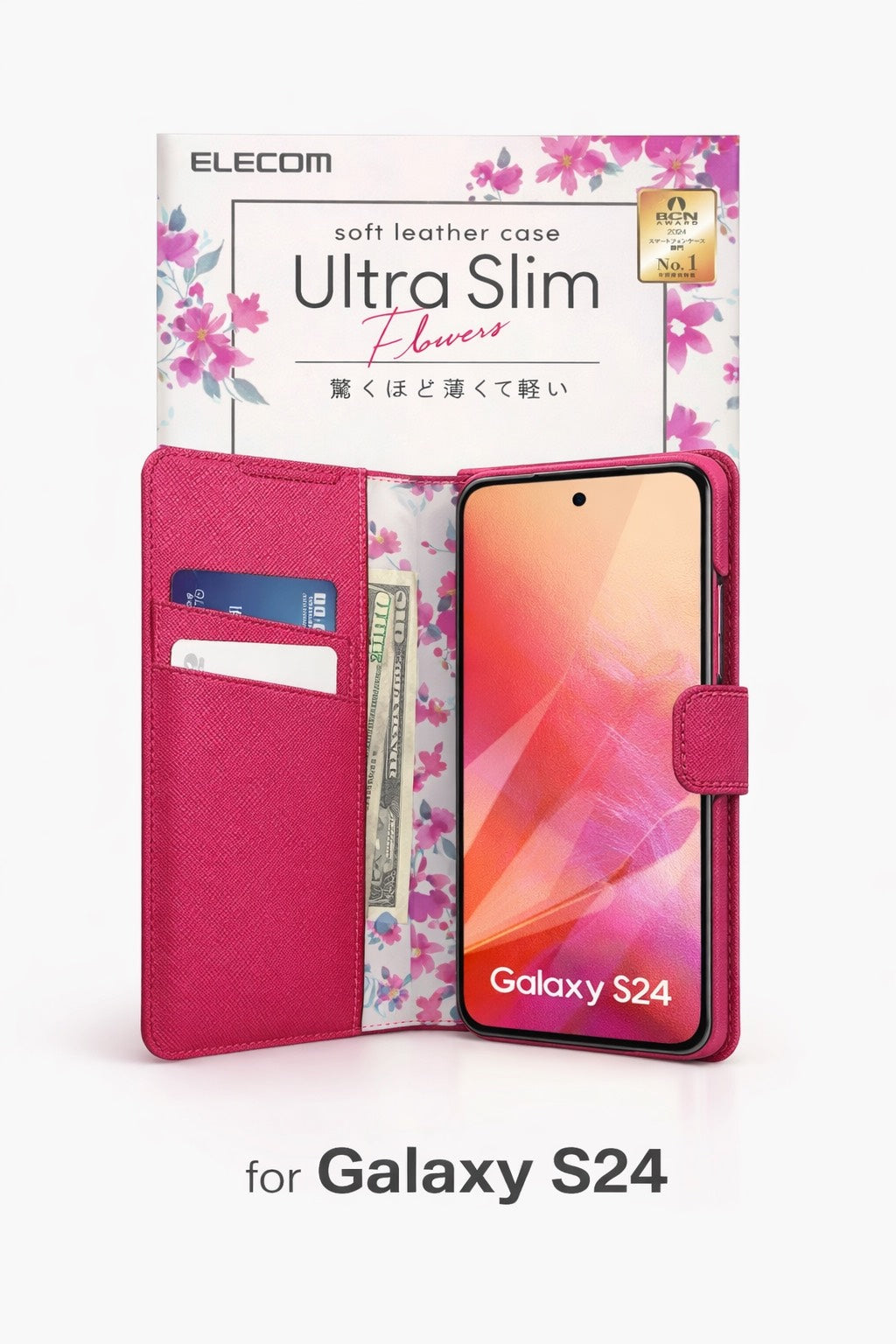 ELECOM Ultra Slim Flowers Soft Leather Case for Galaxy S24 – Deep Pink Wallet Case