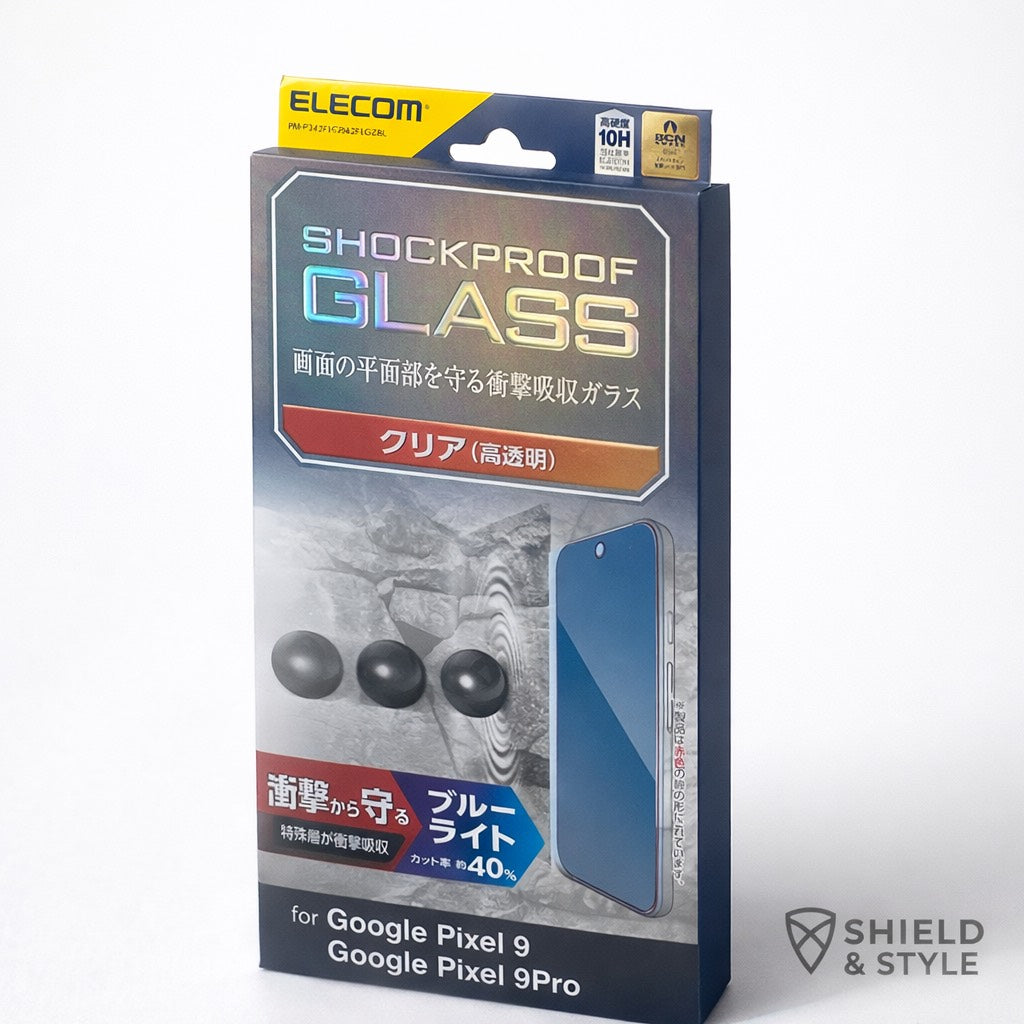 ELECOM Shockproof Tempered Glass Screen Protector for Google Pixel 9 / Pixel 9 Pro – Blue Light Cut 10H Protection