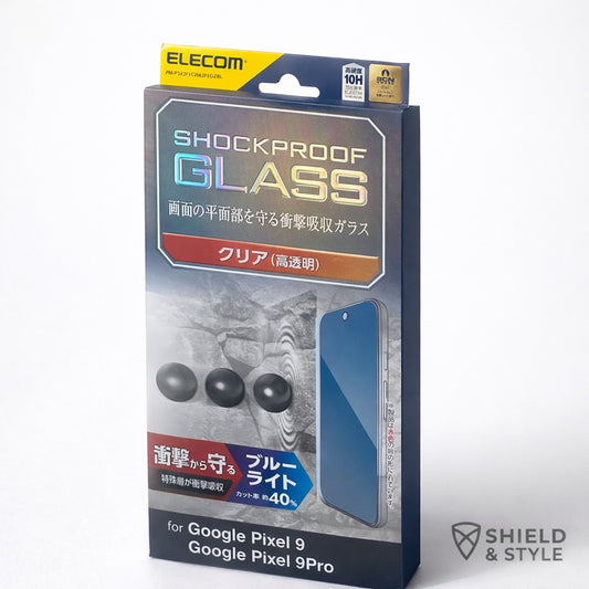 ELECOM Shockproof Tempered Glass Screen Protector for Google Pixel 9 / Pixel 9 Pro – Blue Light Cut 10H Protection